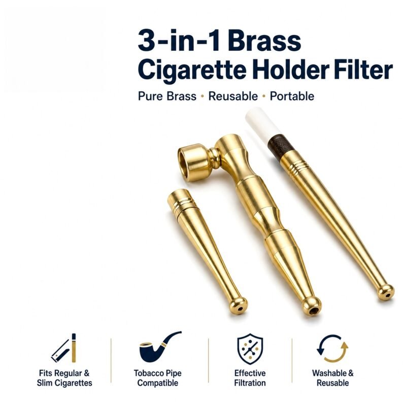 3-in-1 Pure Brass Cigarette Holder Filter - Fits Regular, Slim, Roll-Your-Own, Reusable
