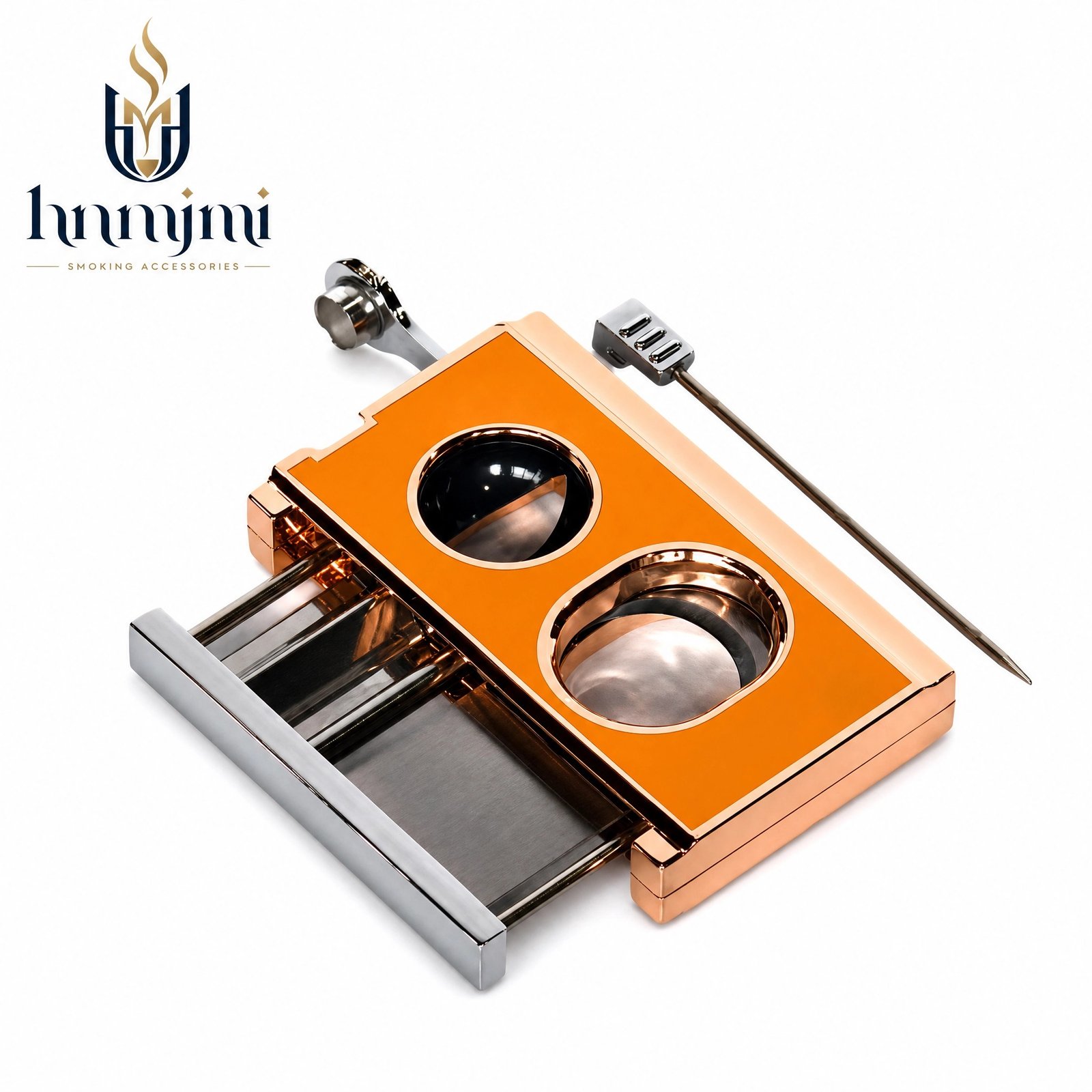 hnmjmi Cigar Cutter Guillotine Double Blade - Built-in Punch, Zinc Alloy, Black / Rose Gold