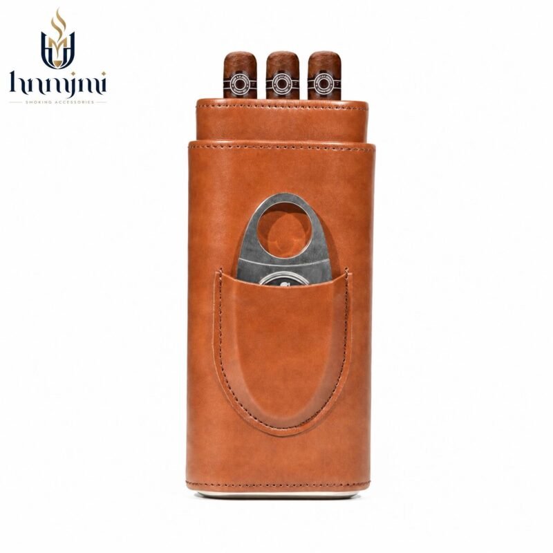 Leather 3-Finger Cigar Case with Cutter Holder - Premium Genuine Leather, Travel Humidor, Gift-Ready