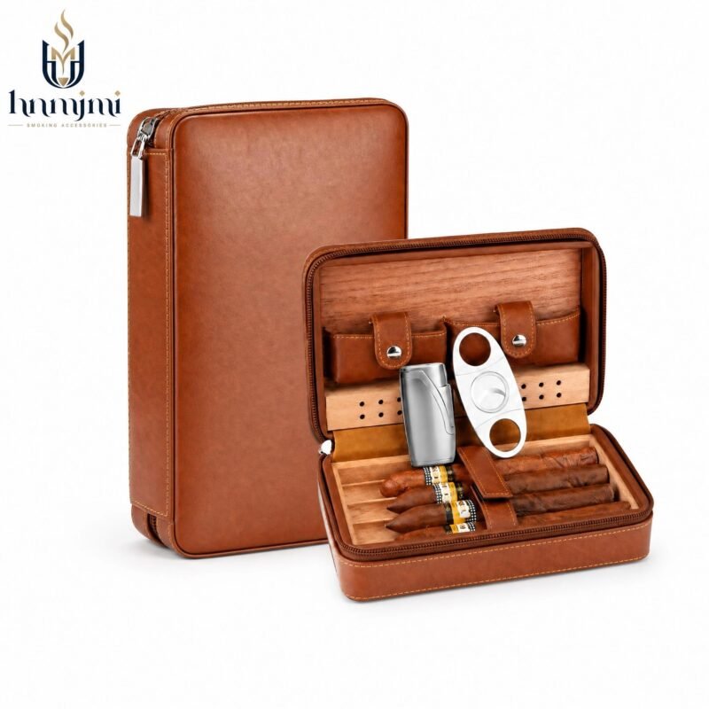 Premium Leather Cigar Humidor Case - 4-Capacity, Cedar Lining, Includes Cutter & Lighter Set