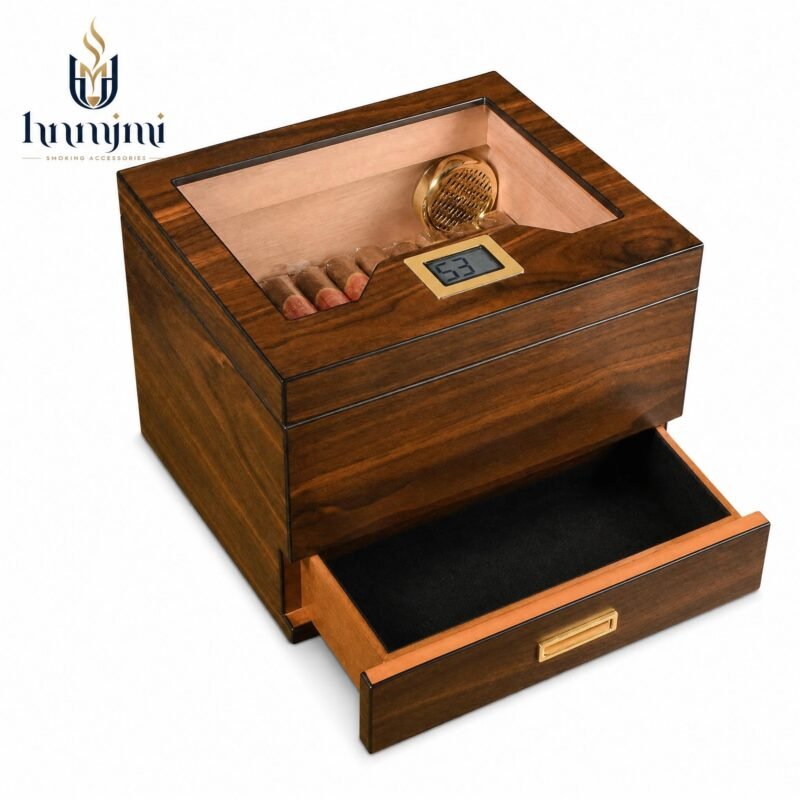 hnmjmi Cigar Humidor with Digital Hygrometer - Cedar Lined, Glass Top Display, Drawer Storage