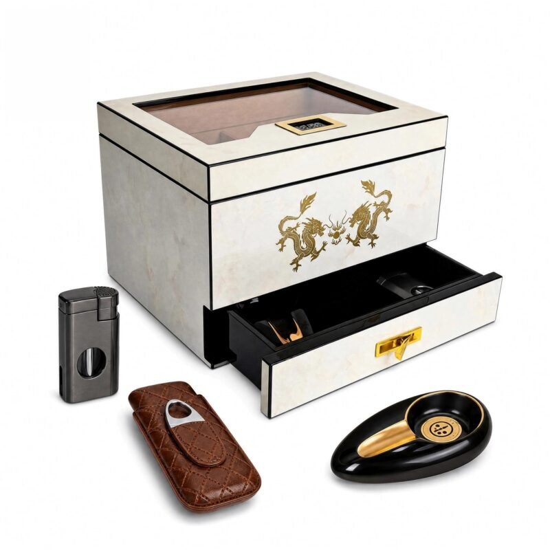 Cigar Humidor Gift Set - Lighter, Leather Case, Ashtray, Digital Hygrometer, Cedar Lined