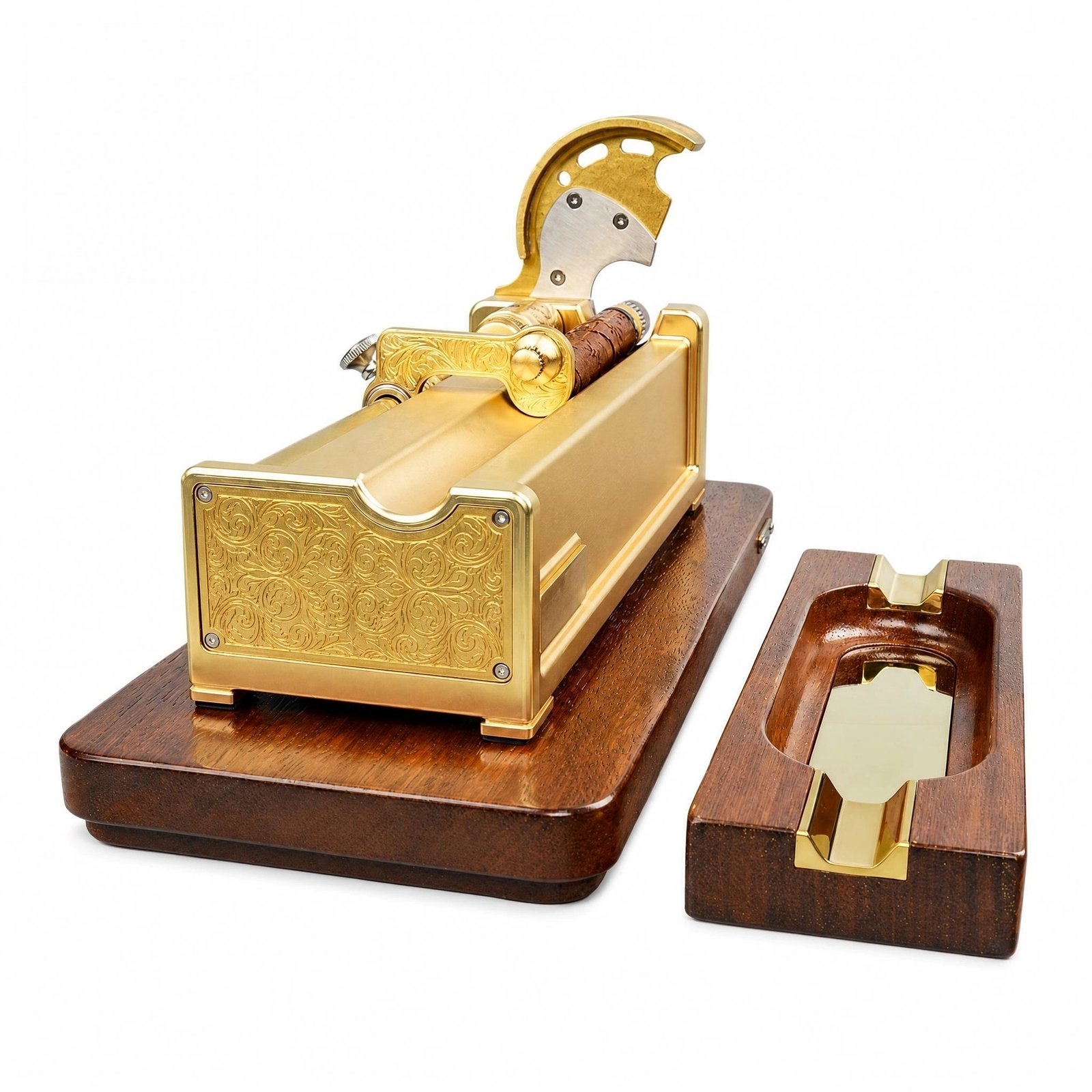 Luxury Cigar Cutter Set - Solid Brass, Walnut Base, Includes Ashtray, Gift-Ready
