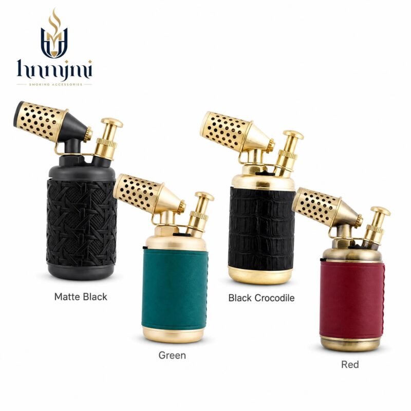 Windproof Cigar Torch Lighter - Jet Flame, Refillable, Leather & Metal, 4 Colors