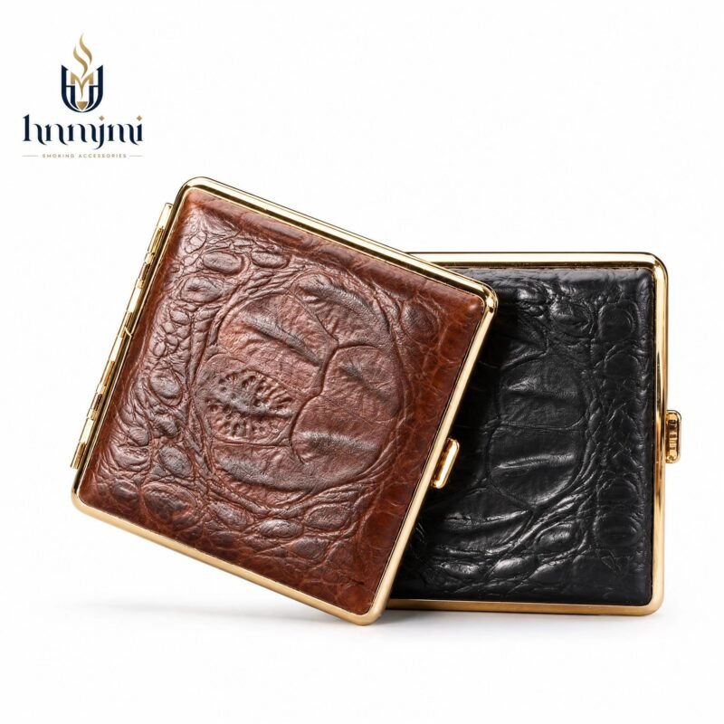 Crocodile-Embossed Leather Cigarette Case - Gold Frame, Brown / Black, Compact