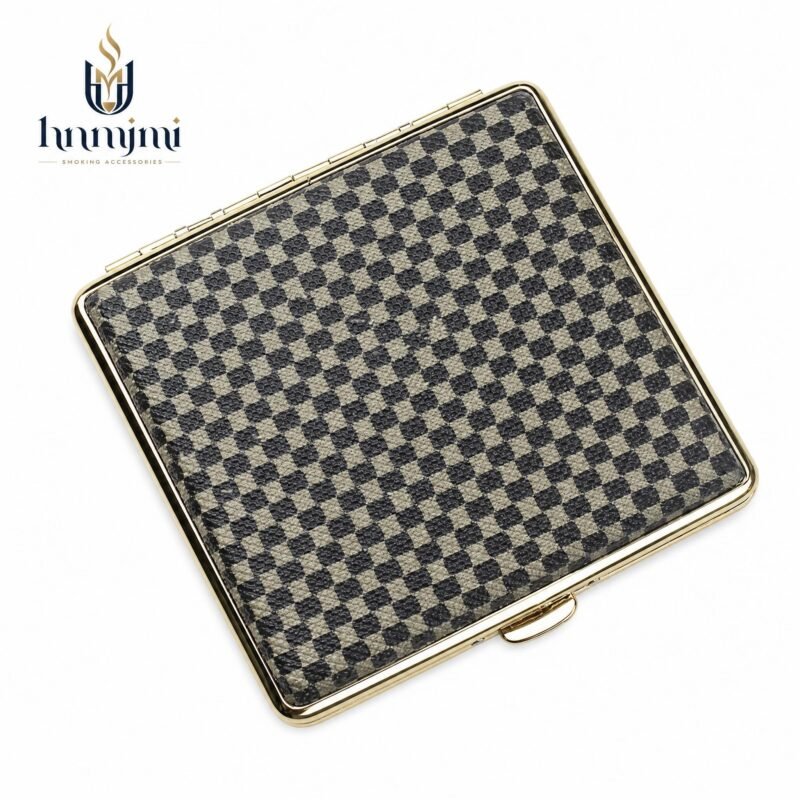 Checkerboard Pattern Cigarette Case - Metal Frame, Gold Trim, Secure Snap Closure