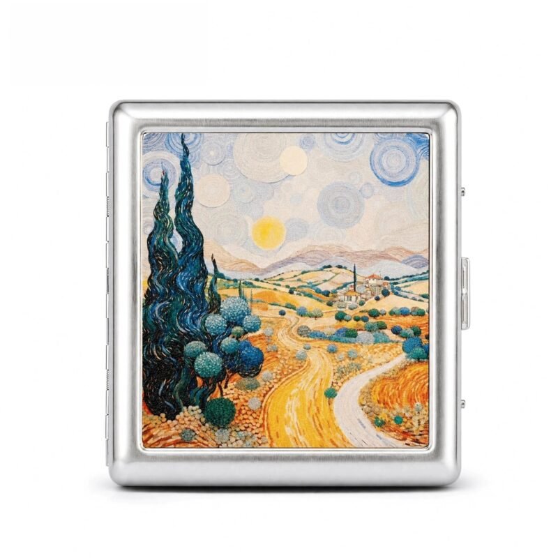 hnmjmi Artistic Landscape Cigarette Case - Impressionist-inspired Print, Metal, Slim Design