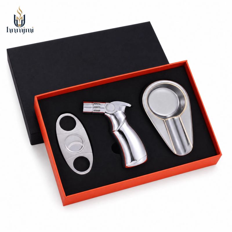 3-in-1 Cigar Gift Set - Cutter, Lighter & Ashtray, Windproof, Luxury Box, 3 Colors