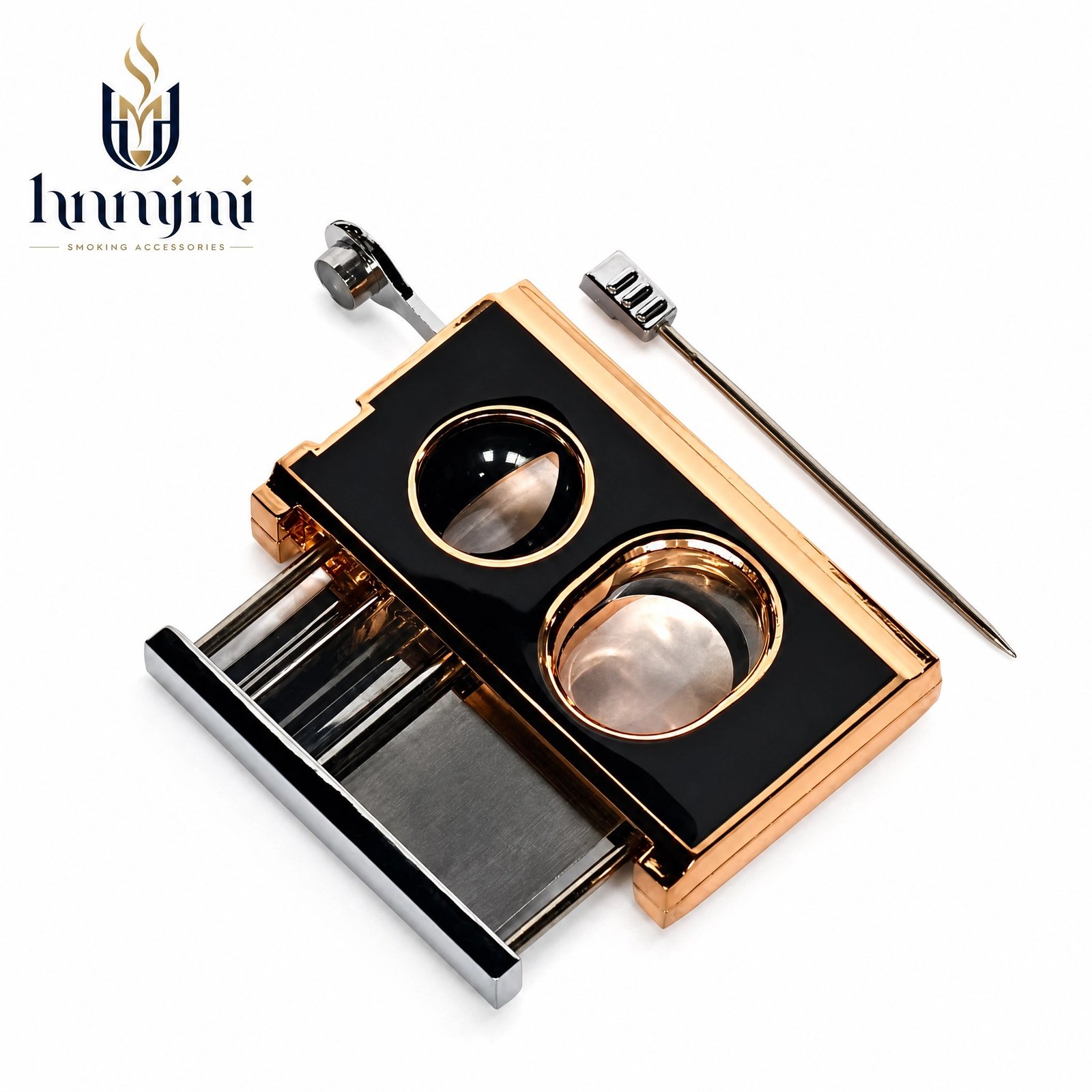 hnmjmi Cigar Cutter Guillotine Double Blade - Built-in Punch, Zinc Alloy, Black / Rose Gold - Image 2