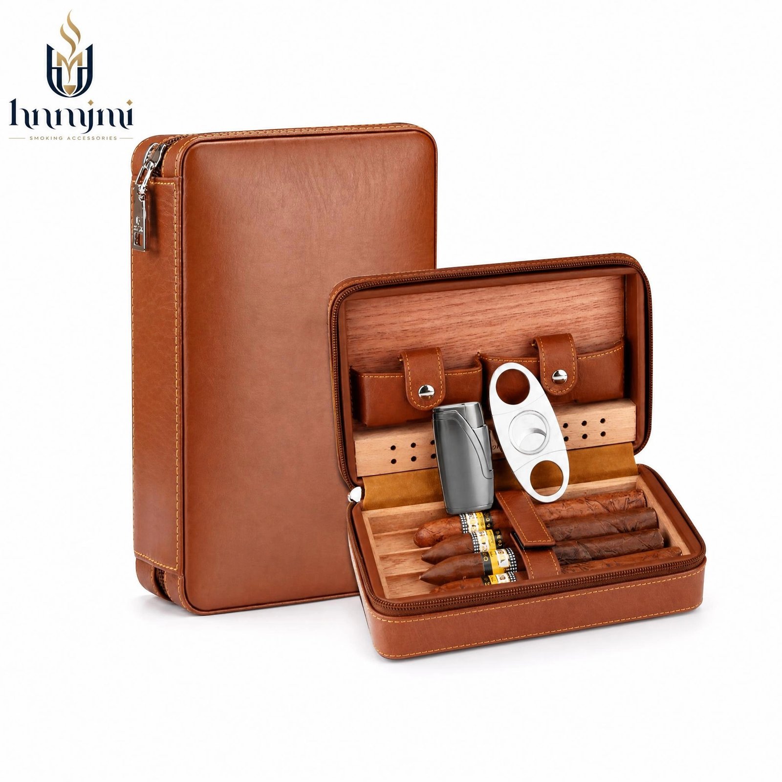 Premium Leather Cigar Humidor Case - 4-Capacity, Cedar Lining, Includes Cutter & Lighter Set - Image 2