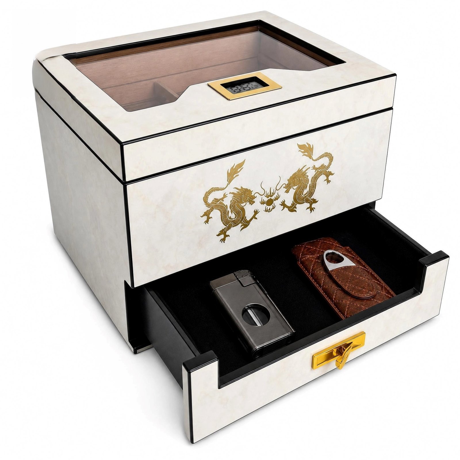 Cigar Humidor Gift Set - Lighter, Leather Case, Ashtray, Digital Hygrometer, Cedar Lined - Image 2
