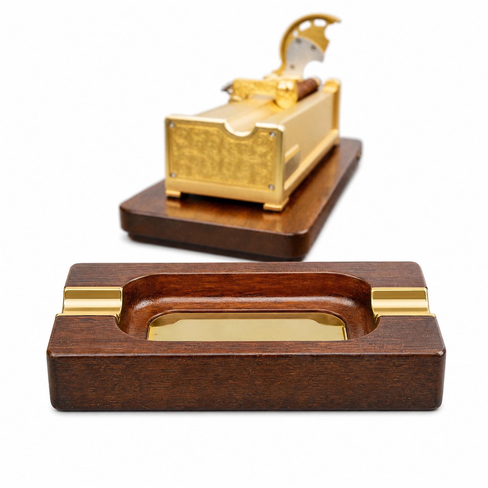 Luxury Cigar Cutter Set - Solid Brass, Walnut Base, Includes Ashtray, Gift-Ready - Image 2