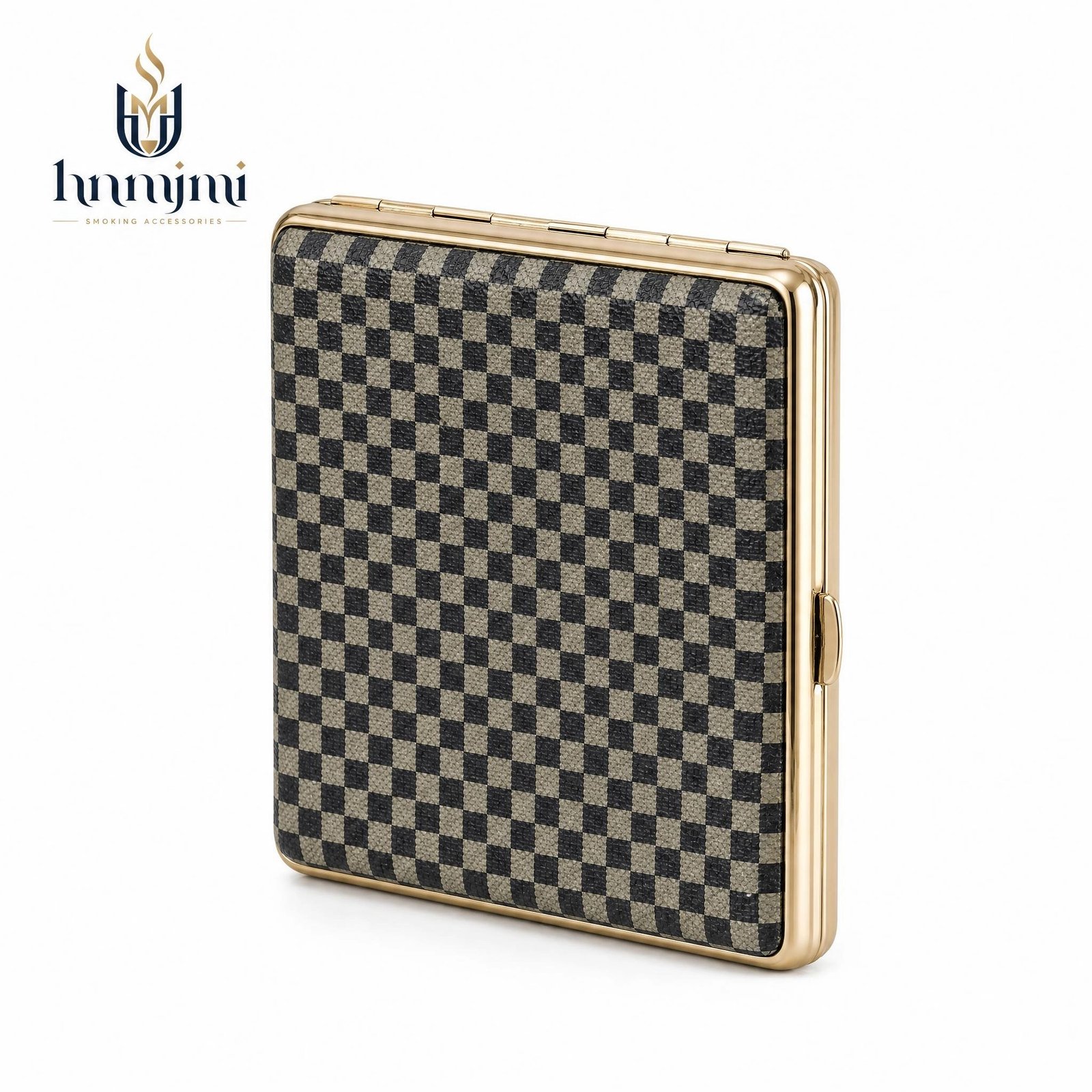 Checkerboard Pattern Cigarette Case - Metal Frame, Gold Trim, Secure Snap Closure - Image 2