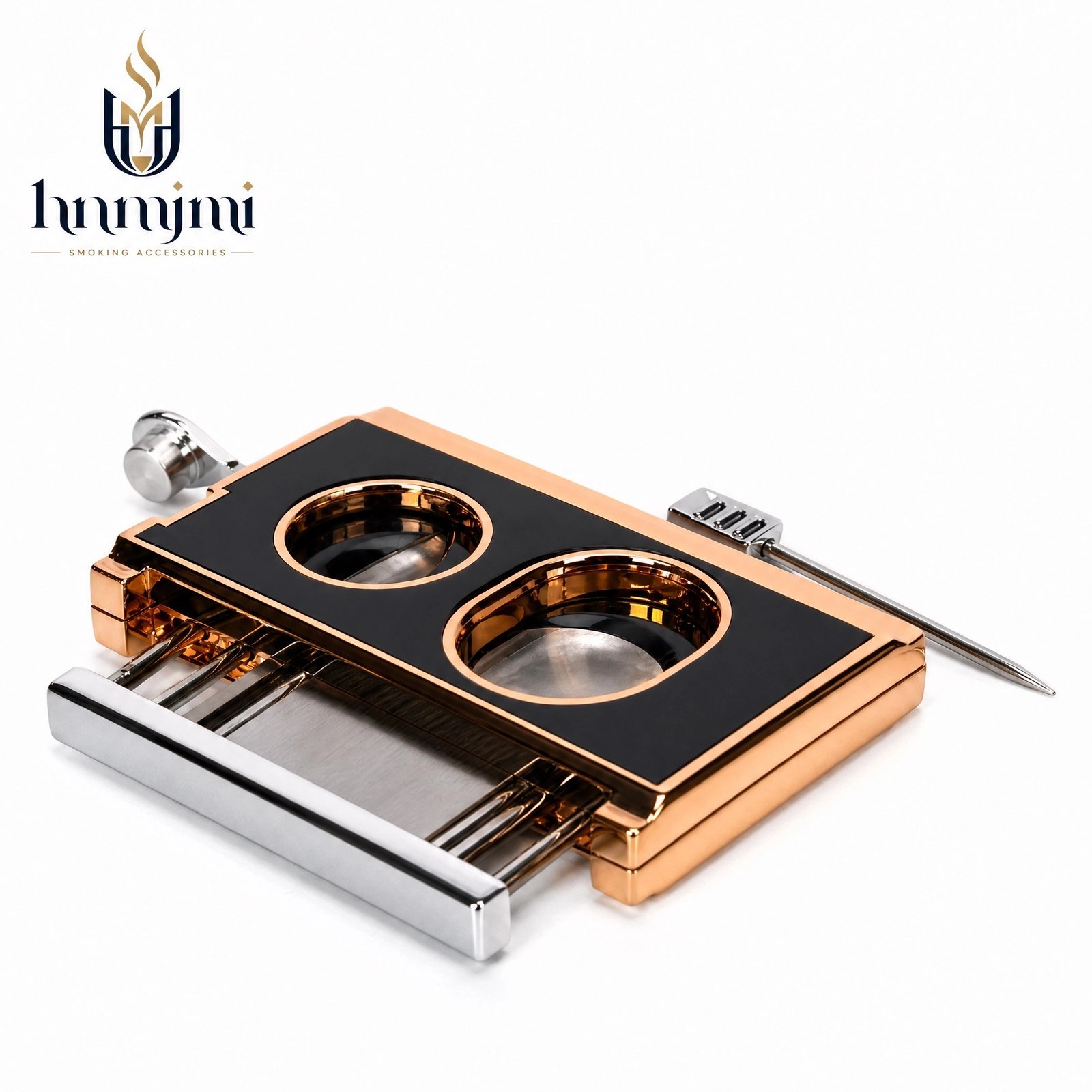 hnmjmi Cigar Cutter Guillotine Double Blade - Built-in Punch, Zinc Alloy, Black / Rose Gold - Image 3