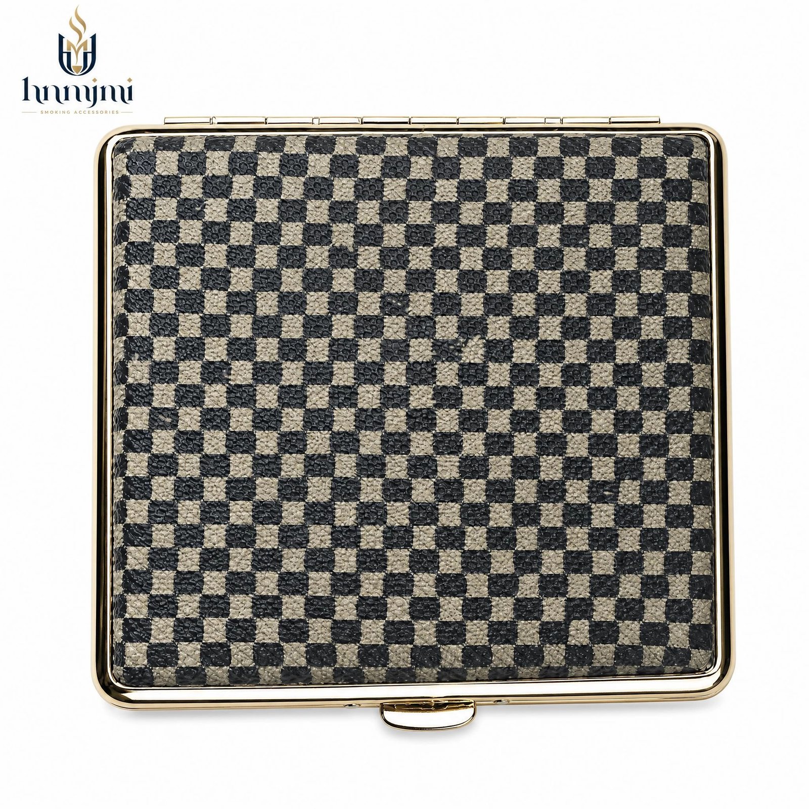 Checkerboard Pattern Cigarette Case - Metal Frame, Gold Trim, Secure Snap Closure - Image 3