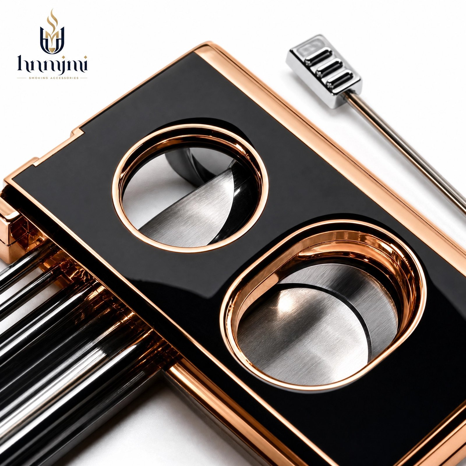 hnmjmi Cigar Cutter Guillotine Double Blade - Built-in Punch, Zinc Alloy, Black / Rose Gold - Image 4
