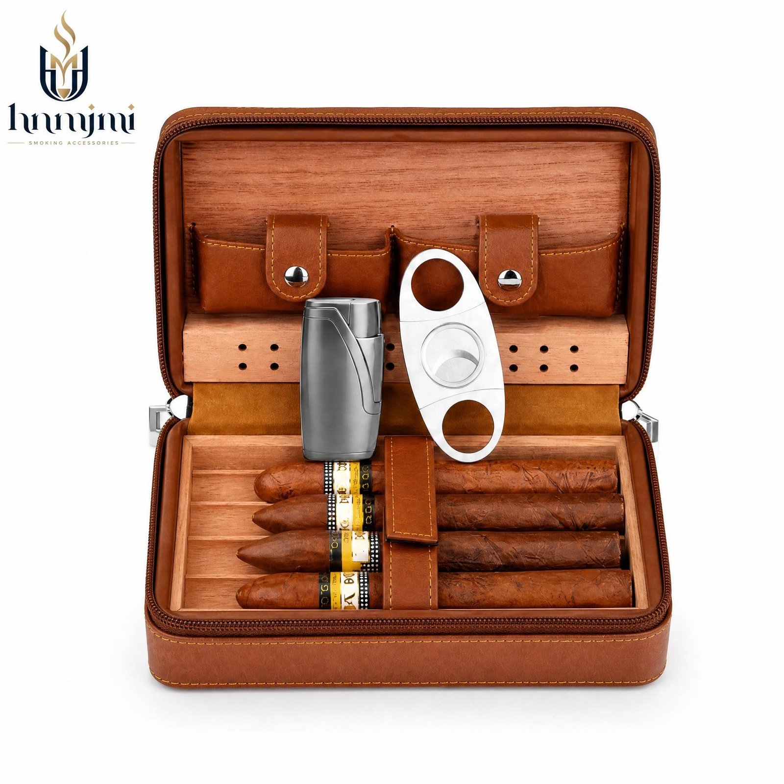 Premium Leather Cigar Humidor Case - 4-Capacity, Cedar Lining, Includes Cutter & Lighter Set - Image 4