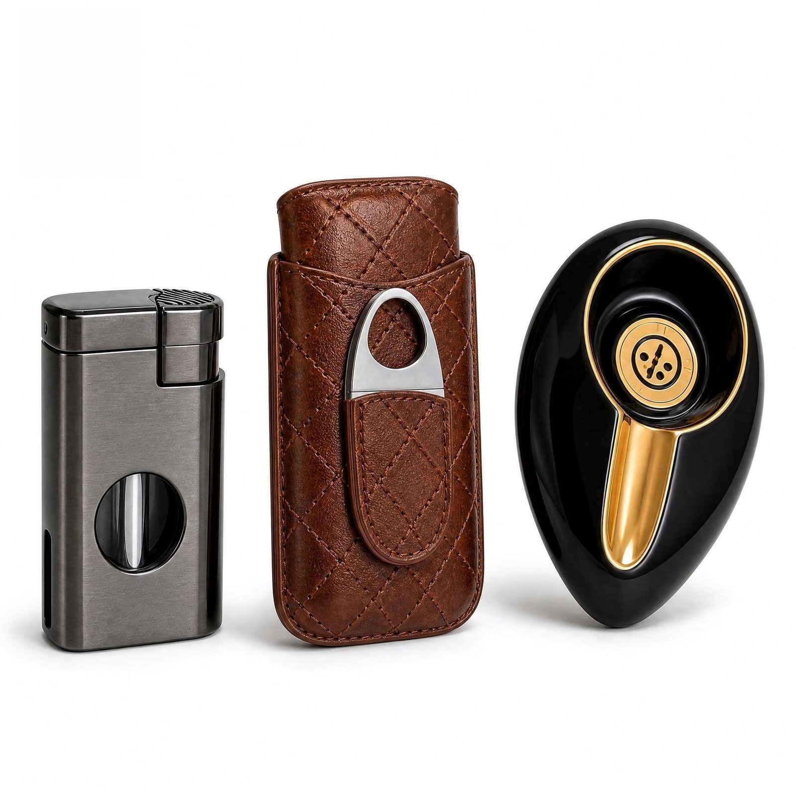 Cigar Humidor Gift Set - Lighter, Leather Case, Ashtray, Digital Hygrometer, Cedar Lined - Image 4