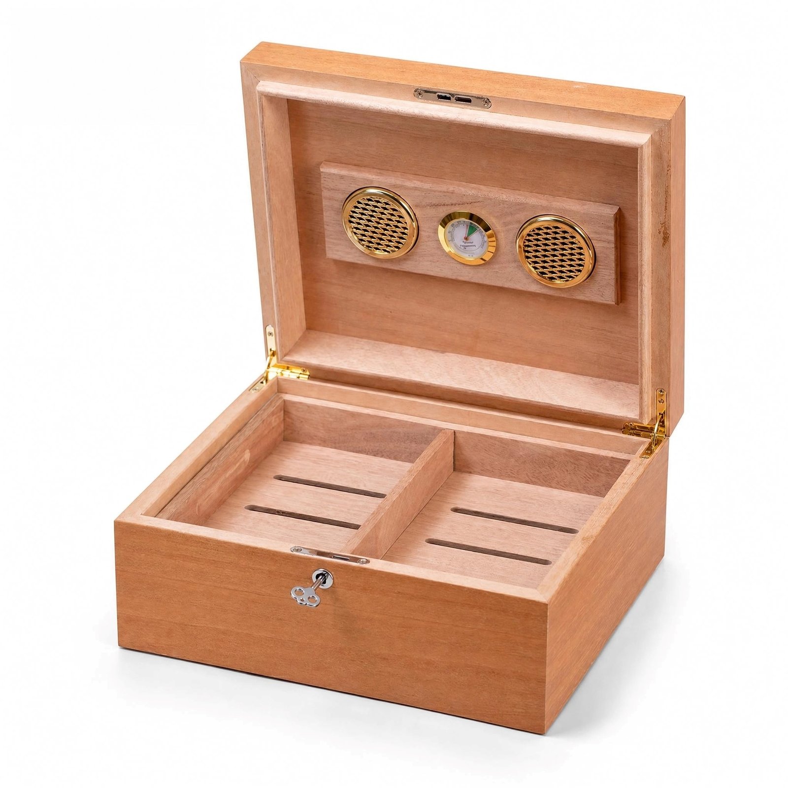 Cedar Wood Cigar Humidor Box - 2-Tier, Lockable, Hygrometer & Dual Humidifiers, Spanish Cedar Lined - Image 4
