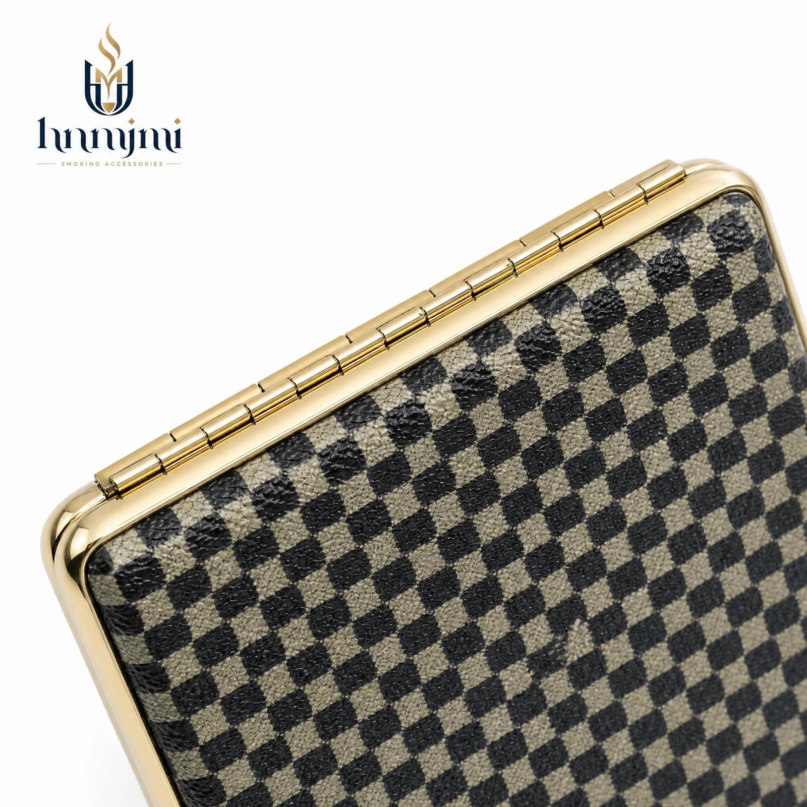 Checkerboard Pattern Cigarette Case - Metal Frame, Gold Trim, Secure Snap Closure - Image 4