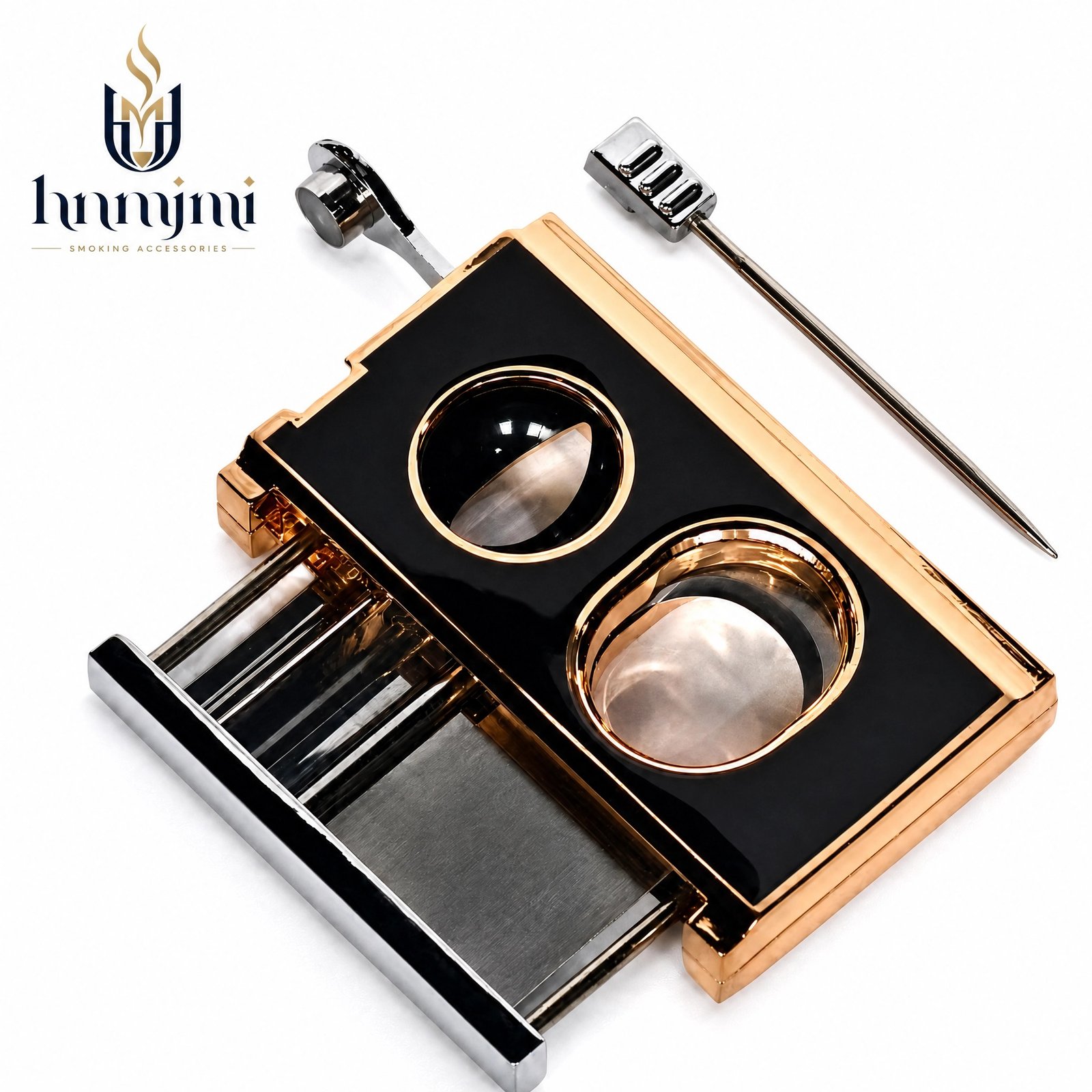 hnmjmi Cigar Cutter Guillotine Double Blade - Built-in Punch, Zinc Alloy, Black / Rose Gold - Image 5