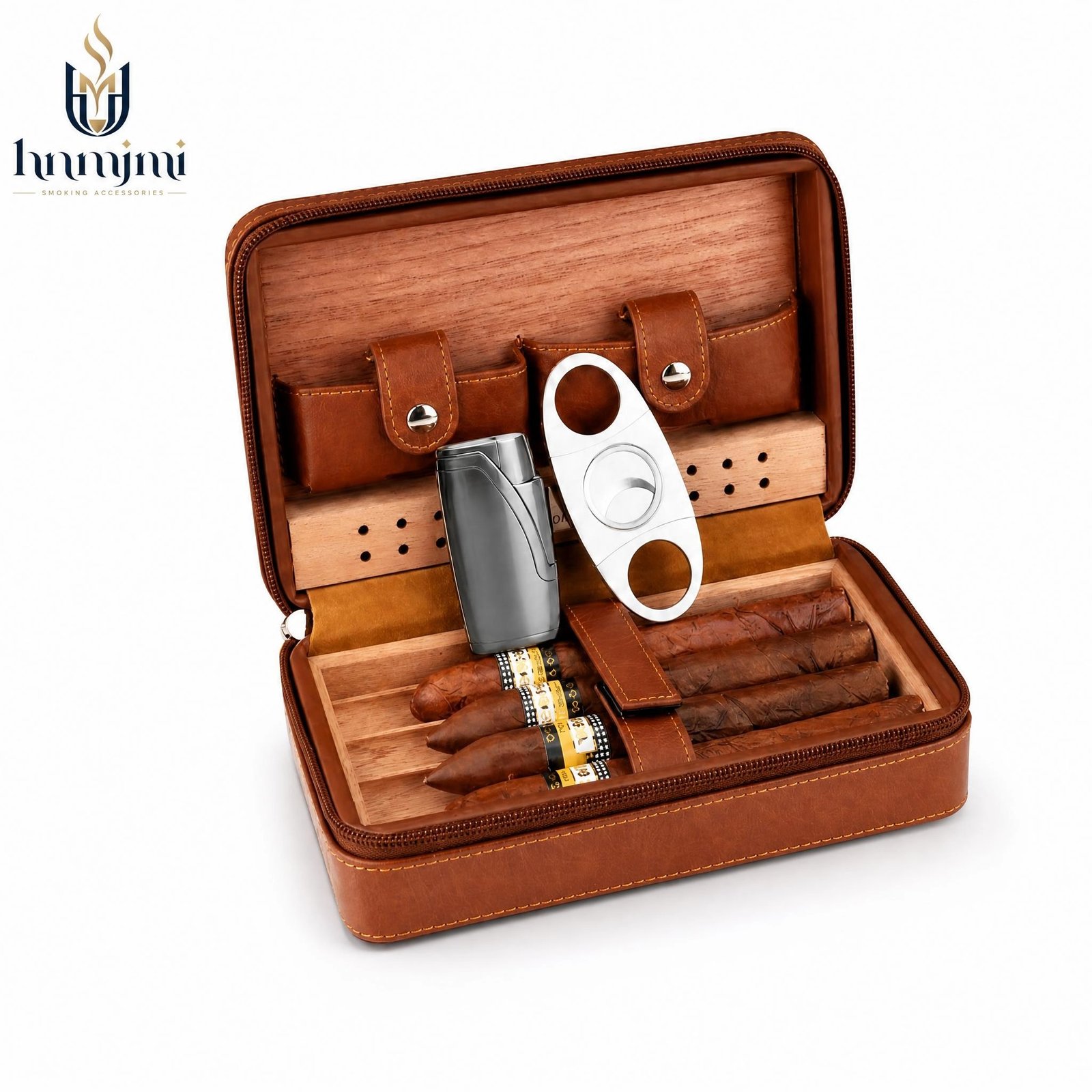 Premium Leather Cigar Humidor Case - 4-Capacity, Cedar Lining, Includes Cutter & Lighter Set - Image 5
