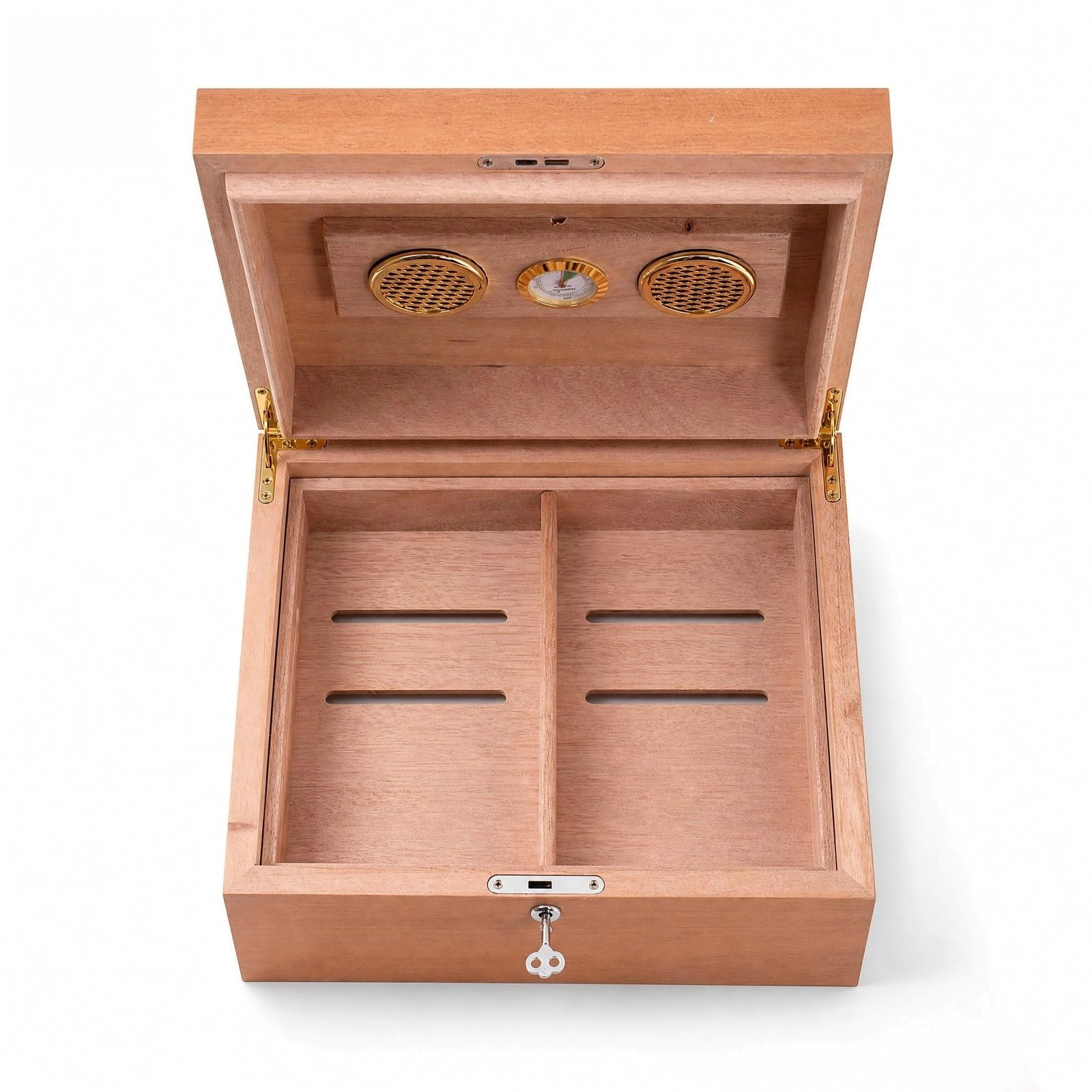 Cedar Wood Cigar Humidor Box - 2-Tier, Lockable, Hygrometer & Dual Humidifiers, Spanish Cedar Lined - Image 5