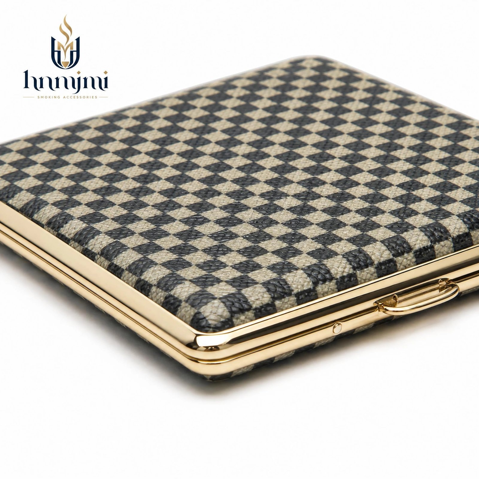 Checkerboard Pattern Cigarette Case - Metal Frame, Gold Trim, Secure Snap Closure - Image 5